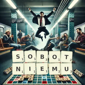 Kreatywna ilustracja do gry w Scrabble ze słowem SOBOTNIEMU ułożonym z płytek na planszy.