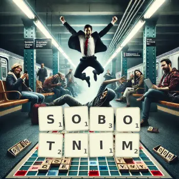 Kreatywna ilustracja do gry w Scrabble ze słowem SOBOTNIM ułożonym z płytek na planszy.