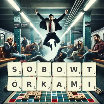 Kreatywna ilustracja do gry w Scrabble ze słowem SOBOWTÓRKAMI ułożonym z płytek na planszy.