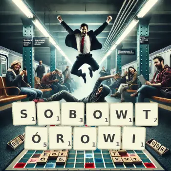Kreatywna ilustracja do gry w Scrabble ze słowem SOBOWTÓROWI ułożonym z płytek na planszy.