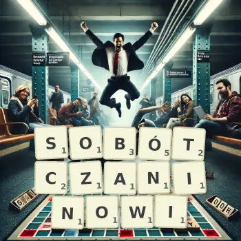 Kreatywna ilustracja do gry w Scrabble ze słowem SOBÓTCZANINOWI ułożonym z płytek na planszy.