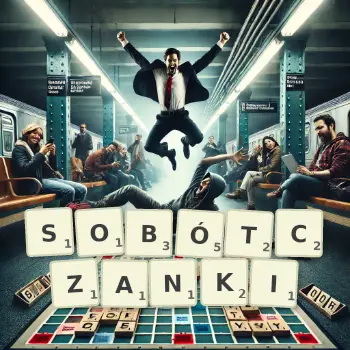 Kreatywna ilustracja do gry w Scrabble ze słowem SOBÓTCZANKI ułożonym z płytek na planszy.
