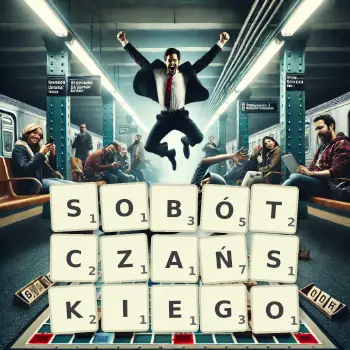 Kreatywna ilustracja do gry w Scrabble ze słowem SOBÓTCZAŃSKIEGO ułożonym z płytek na planszy.