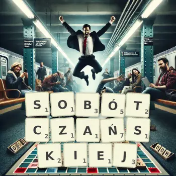 Kreatywna ilustracja do gry w Scrabble ze słowem SOBÓTCZAŃSKIEJ ułożonym z płytek na planszy.