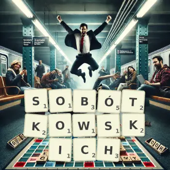 Kreatywna ilustracja do gry w Scrabble ze słowem SOBÓTKOWSKICH ułożonym z płytek na planszy.