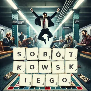 Kreatywna ilustracja do gry w Scrabble ze słowem SOBÓTKOWSKIEGO ułożonym z płytek na planszy.