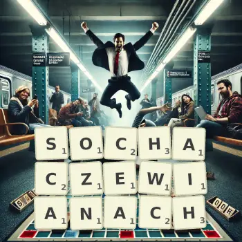 Kreatywna ilustracja do gry w Scrabble ze słowem SOCHACZEWIANACH ułożonym z płytek na planszy.