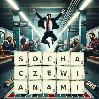 Kreatywna ilustracja do gry w Scrabble ze słowem SOCHACZEWIANAMI ułożonym z płytek na planszy.