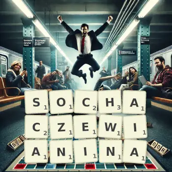 Kreatywna ilustracja do gry w Scrabble ze słowem SOCHACZEWIANINA ułożonym z płytek na planszy.