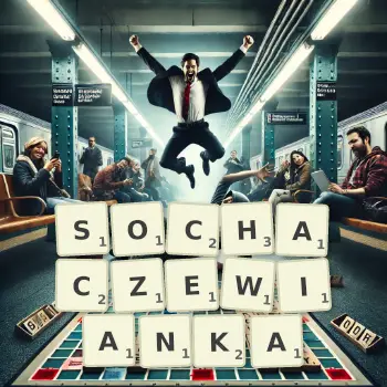 Kreatywna ilustracja do gry w Scrabble ze słowem SOCHACZEWIANKA ułożonym z płytek na planszy.