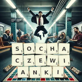 Kreatywna ilustracja do gry w Scrabble ze słowem SOCHACZEWIANKI ułożonym z płytek na planszy.