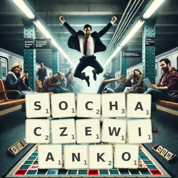 Kreatywna ilustracja do gry w Scrabble ze słowem SOCHACZEWIANKO ułożonym z płytek na planszy.