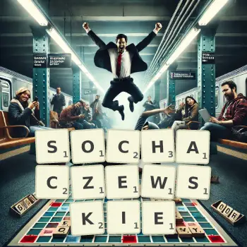 Kreatywna ilustracja do gry w Scrabble ze słowem SOCHACZEWSKIE ułożonym z płytek na planszy.