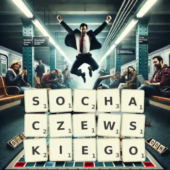 Kreatywna ilustracja do gry w Scrabble ze słowem SOCHACZEWSKIEGO ułożonym z płytek na planszy.