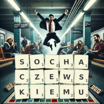 Kreatywna ilustracja do gry w Scrabble ze słowem SOCHACZEWSKIEMU ułożonym z płytek na planszy.