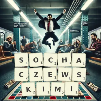 Kreatywna ilustracja do gry w Scrabble ze słowem SOCHACZEWSKIMI ułożonym z płytek na planszy.