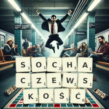 Kreatywna ilustracja do gry w Scrabble ze słowem SOCHACZEWSKOŚĆ ułożonym z płytek na planszy.