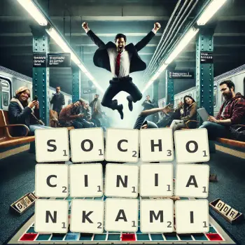 Kreatywna ilustracja do gry w Scrabble ze słowem SOCHOCINIANKAMI ułożonym z płytek na planszy.