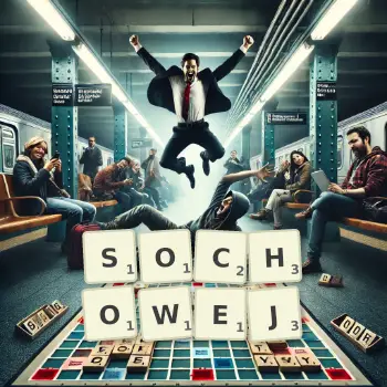 Kreatywna ilustracja do gry w Scrabble ze słowem SOCHOWEJ ułożonym z płytek na planszy.