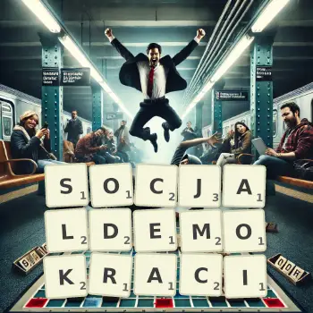 Kreatywna ilustracja do gry w Scrabble ze słowem SOCJALDEMOKRACI ułożonym z płytek na planszy.
