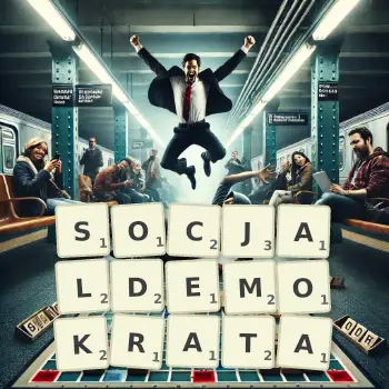 Kreatywna ilustracja do gry w Scrabble ze słowem SOCJALDEMOKRATA ułożonym z płytek na planszy.