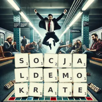 Kreatywna ilustracja do gry w Scrabble ze słowem SOCJALDEMOKRATE ułożonym z płytek na planszy.