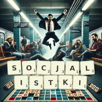 Kreatywna ilustracja do gry w Scrabble ze słowem SOCJALISTKI ułożonym z płytek na planszy.