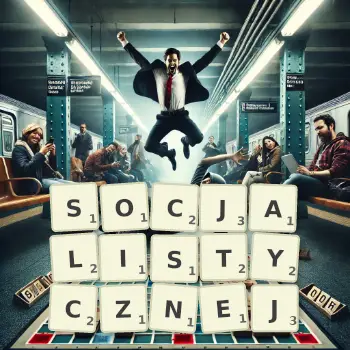 Kreatywna ilustracja do gry w Scrabble ze słowem SOCJALISTYCZNEJ ułożonym z płytek na planszy.