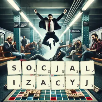 Kreatywna ilustracja do gry w Scrabble ze słowem SOCJALIZACYJ ułożonym z płytek na planszy.