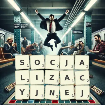Kreatywna ilustracja do gry w Scrabble ze słowem SOCJALIZACYJNEJ ułożonym z płytek na planszy.