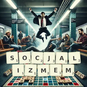 Kreatywna ilustracja do gry w Scrabble ze słowem SOCJALIZMEM ułożonym z płytek na planszy.
