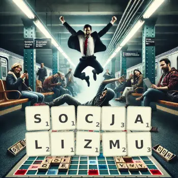 Kreatywna ilustracja do gry w Scrabble ze słowem SOCJALIZMU ułożonym z płytek na planszy.