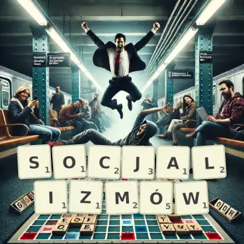 Kreatywna ilustracja do gry w Scrabble ze słowem SOCJALIZMÓW ułożonym z płytek na planszy.