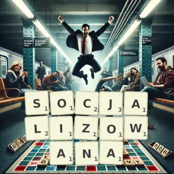 Kreatywna ilustracja do gry w Scrabble ze słowem SOCJALIZOWANA ułożonym z płytek na planszy.