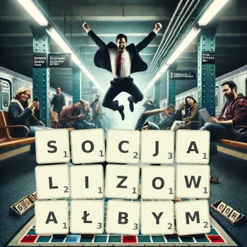 Kreatywna ilustracja do gry w Scrabble ze słowem SOCJALIZOWAŁBYM ułożonym z płytek na planszy.
