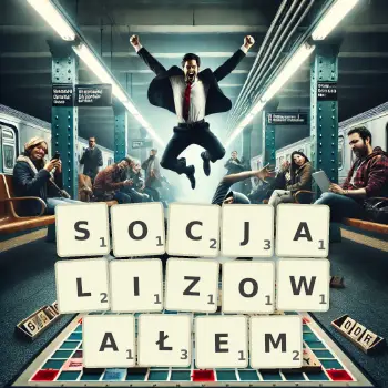 Kreatywna ilustracja do gry w Scrabble ze słowem SOCJALIZOWAŁEM ułożonym z płytek na planszy.