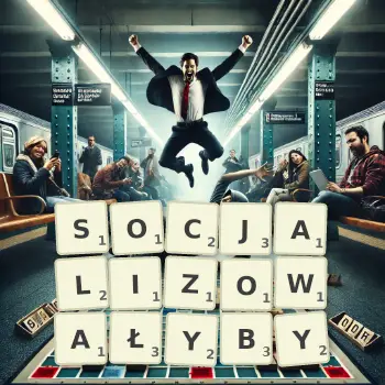 Kreatywna ilustracja do gry w Scrabble ze słowem SOCJALIZOWAŁYBY ułożonym z płytek na planszy.
