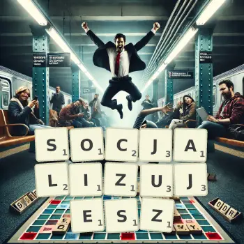 Kreatywna ilustracja do gry w Scrabble ze słowem SOCJALIZUJESZ ułożonym z płytek na planszy.