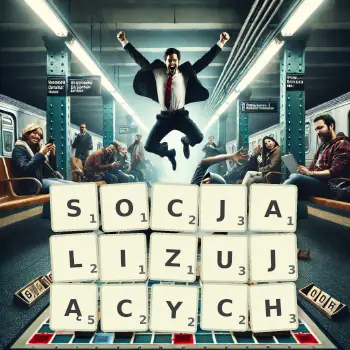Kreatywna ilustracja do gry w Scrabble ze słowem SOCJALIZUJĄCYCH ułożonym z płytek na planszy.