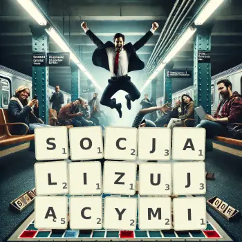 Kreatywna ilustracja do gry w Scrabble ze słowem SOCJALIZUJĄCYMI ułożonym z płytek na planszy.