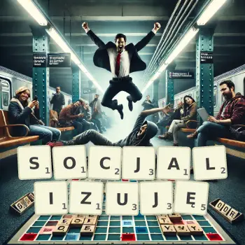 Kreatywna ilustracja do gry w Scrabble ze słowem SOCJALIZUJĘ ułożonym z płytek na planszy.