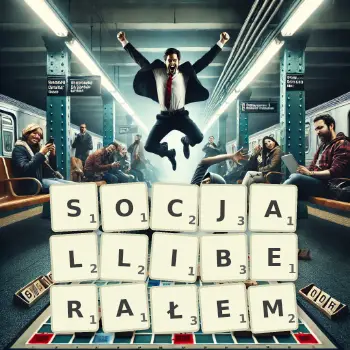 Kreatywna ilustracja do gry w Scrabble ze słowem SOCJALLIBERAŁEM ułożonym z płytek na planszy.