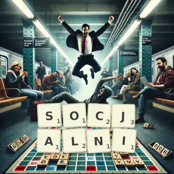Kreatywna ilustracja do gry w Scrabble ze słowem SOCJALNI ułożonym z płytek na planszy.