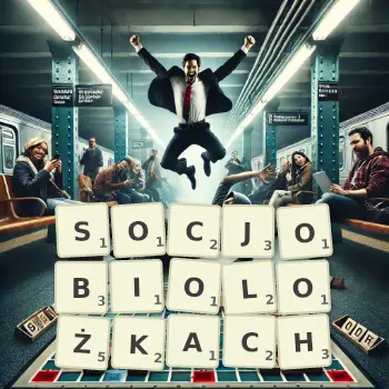 Kreatywna ilustracja do gry w Scrabble ze słowem SOCJOBIOLOŻKACH ułożonym z płytek na planszy.