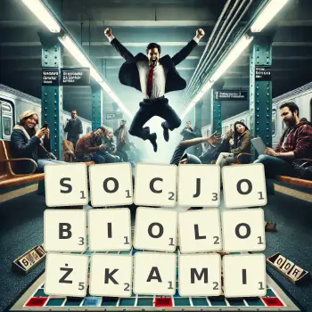 Kreatywna ilustracja do gry w Scrabble ze słowem SOCJOBIOLOŻKAMI ułożonym z płytek na planszy.