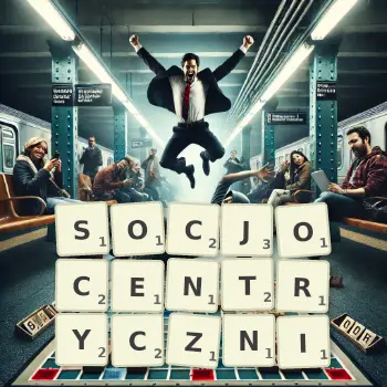 Kreatywna ilustracja do gry w Scrabble ze słowem SOCJOCENTRYCZNI ułożonym z płytek na planszy.