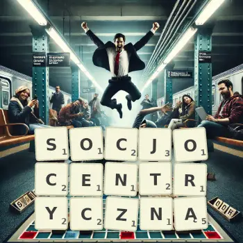 Kreatywna ilustracja do gry w Scrabble ze słowem SOCJOCENTRYCZNĄ ułożonym z płytek na planszy.