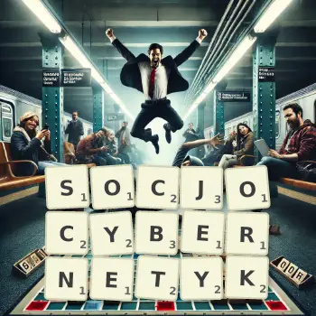 Kreatywna ilustracja do gry w Scrabble ze słowem SOCJOCYBERNETYK ułożonym z płytek na planszy.