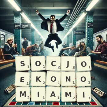 Kreatywna ilustracja do gry w Scrabble ze słowem SOCJOEKONOMIAMI ułożonym z płytek na planszy.