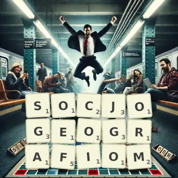 Kreatywna ilustracja do gry w Scrabble ze słowem SOCJOGEOGRAFIOM ułożonym z płytek na planszy.